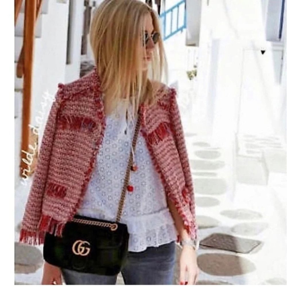 ZARA Boho blazer jacket frayed fringe tweed influencer fave red white sz medium
